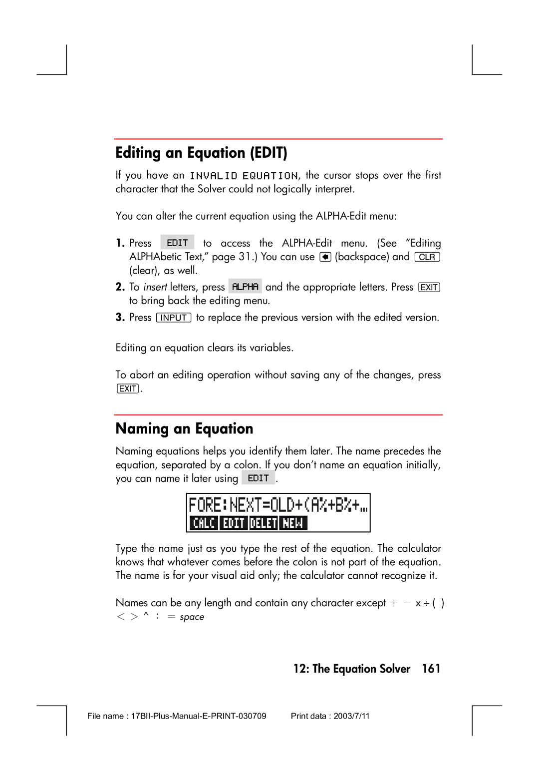 HP 17bII manual Editing an Equation Edit, Naming an Equation 