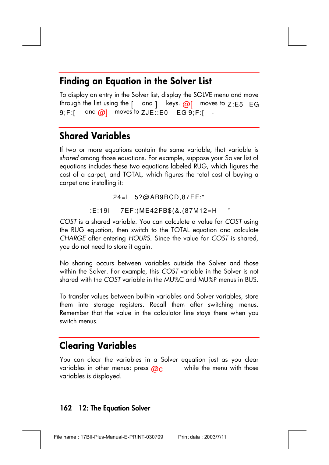 HP 17bII manual Finding an Equation in the Solver List, Shared Variables, Clearing Variables, 162 12 The Equation Solver 