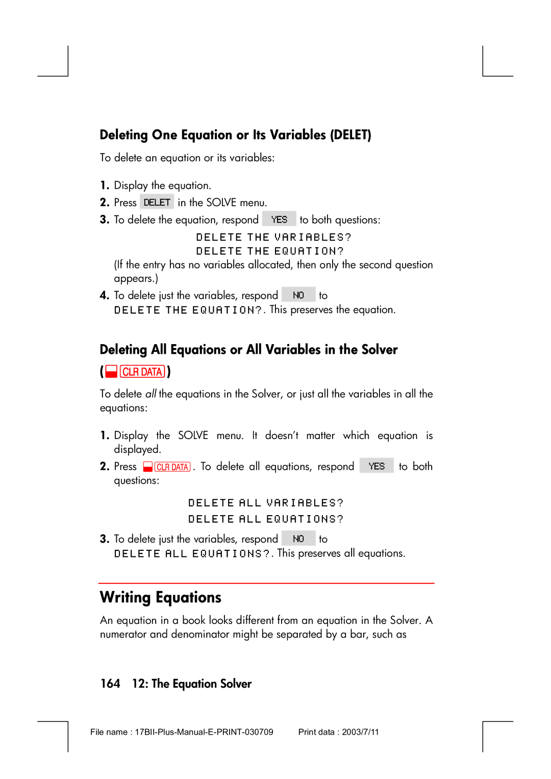 HP 17bII manual Writing Equations, Deleting One Equation or Its Variables Delet, 164 12 The Equation Solver 