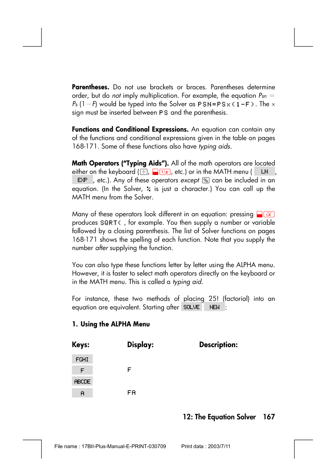 HP 17bII manual KeysDisplayDescription, Using the Alpha Menu 