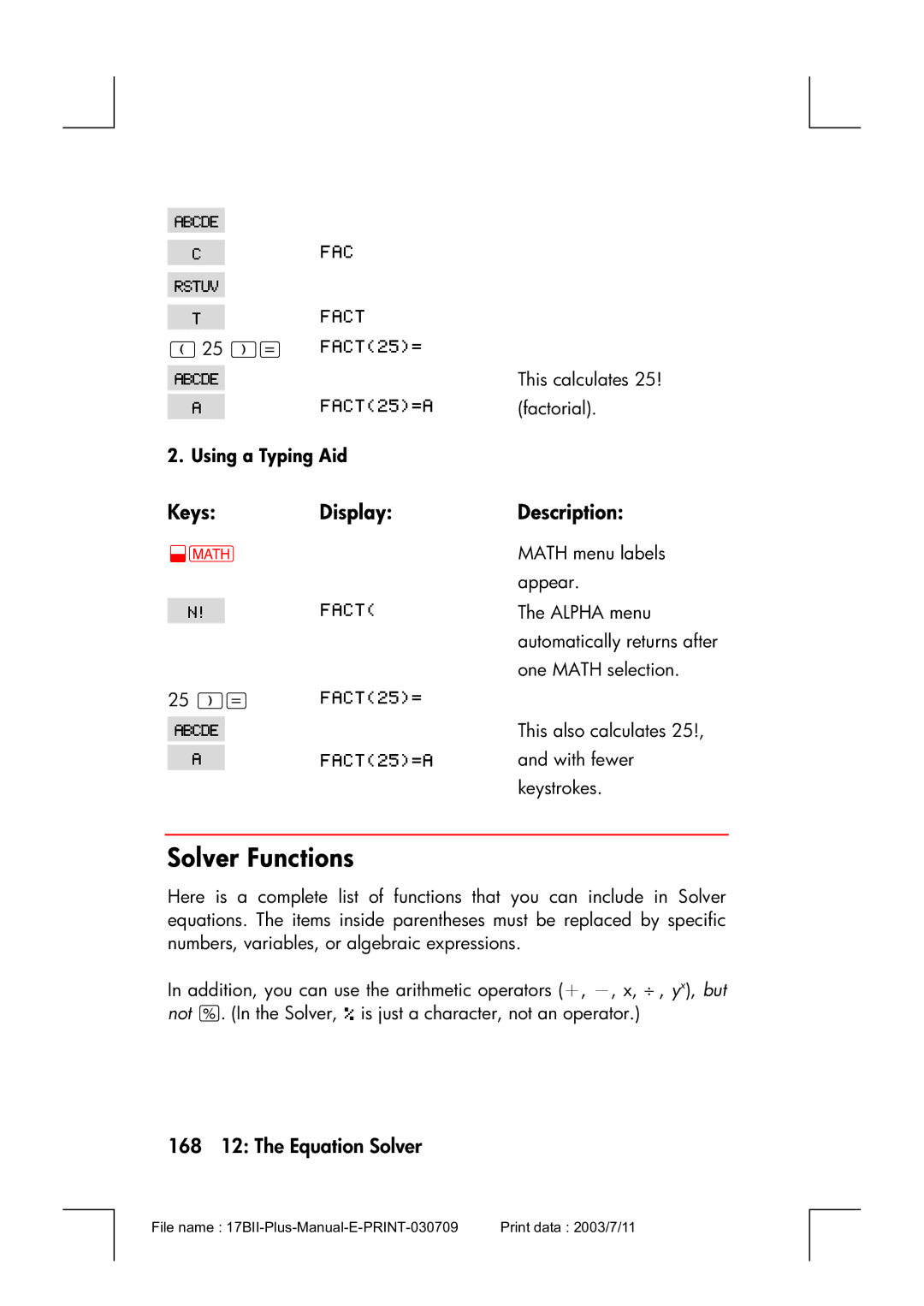 HP 17bII manual Solver Functions, 168 12 The Equation Solver, Using a Typing Aid 