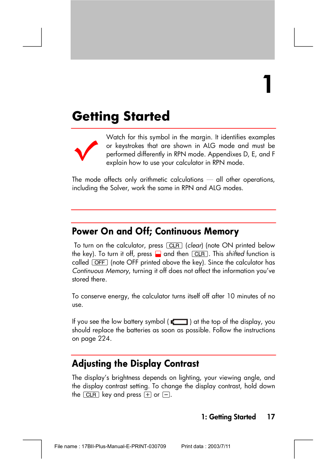 HP 17bII manual Getting Started, Power On and Off Continuous Memory, Adjusting the Display Contrast 