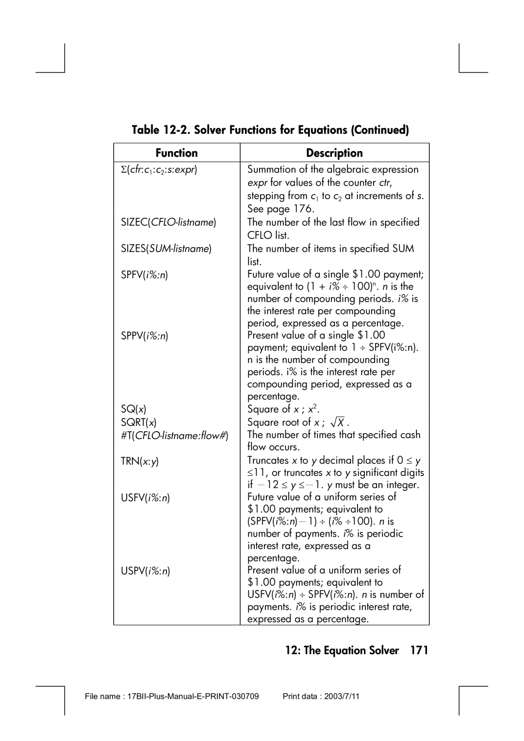 HP 17bII manual Σcfr c 1 c 2 s expr, SIZECCFLO-listname, SIZESSUM-listname, #TCFLO-listnameflow# 