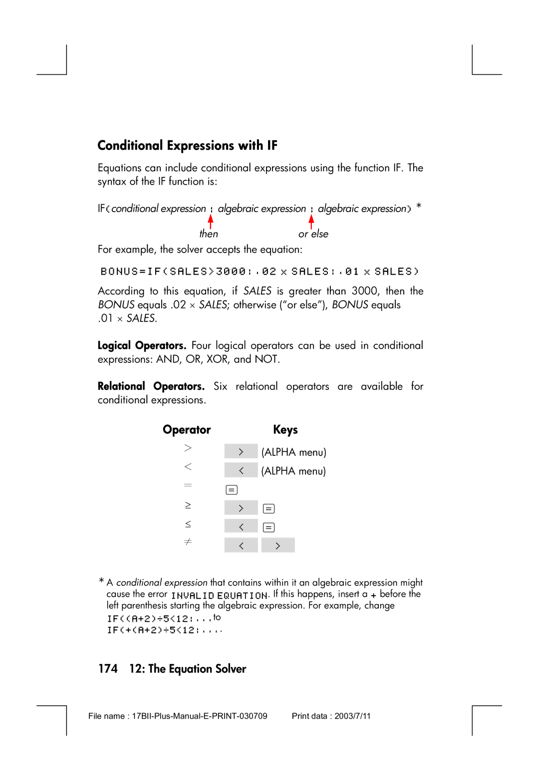 HP 17bII manual Conditional Expressions with if, OperatorKeys, ≥ ³=, 174 12 The Equation Solver 