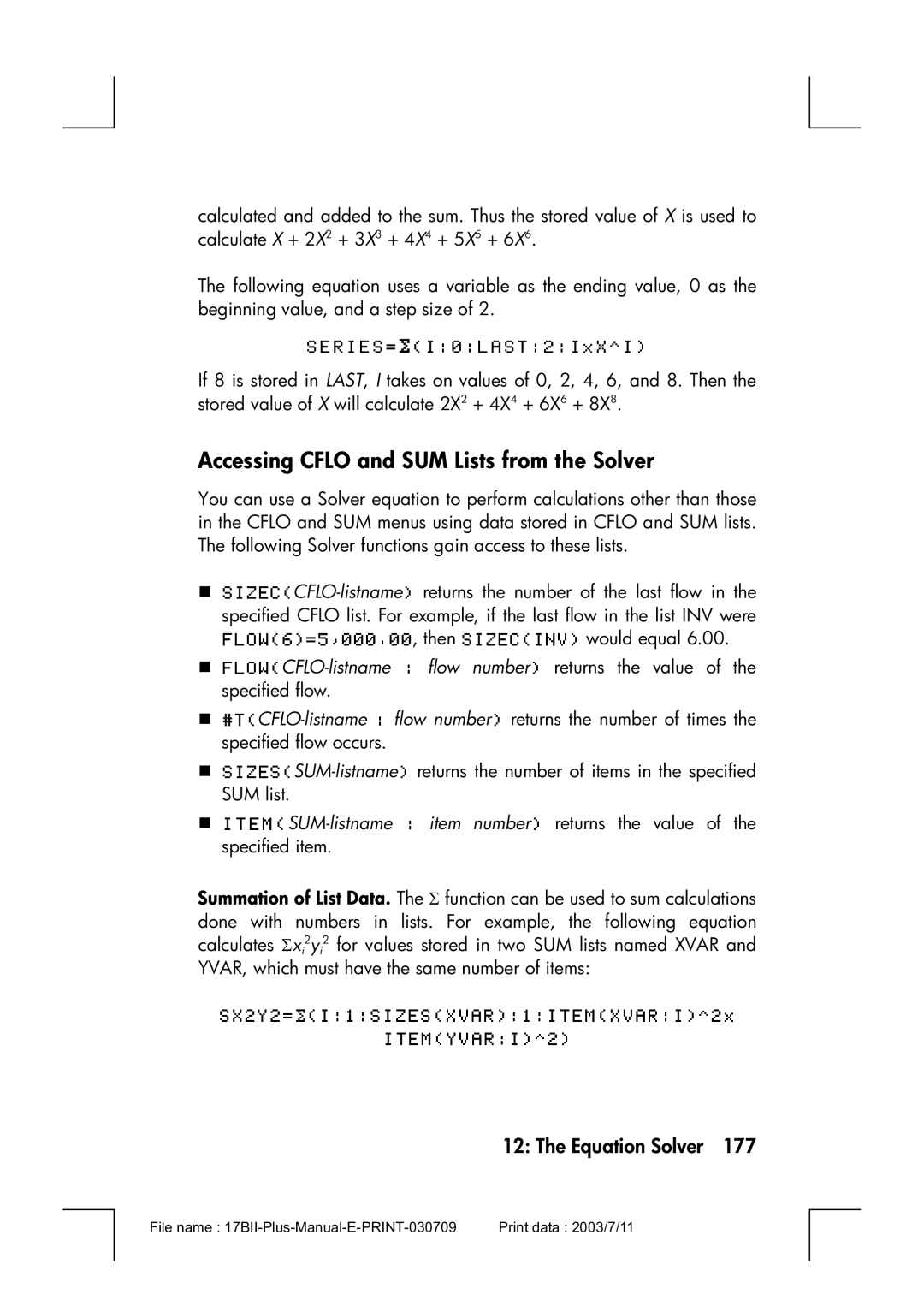 HP 17bII manual Accessing Cflo and SUM Lists from the Solver 