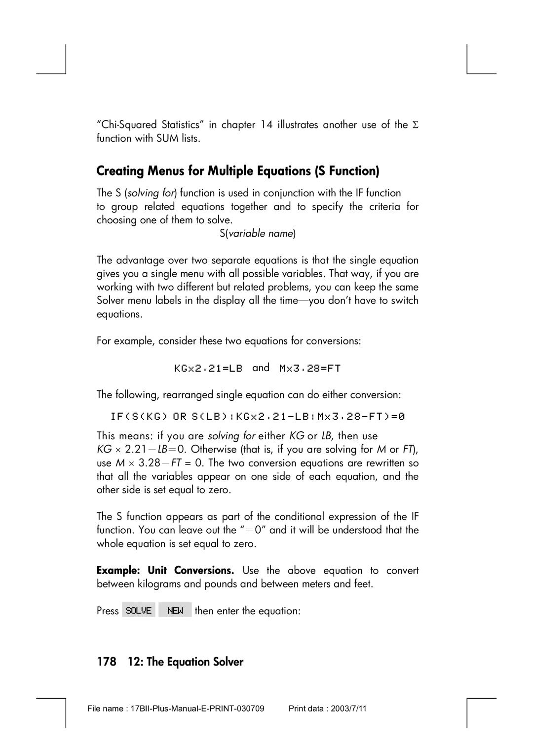 HP 17bII manual Creating Menus for Multiple Equations S Function, 178 12 The Equation Solver 