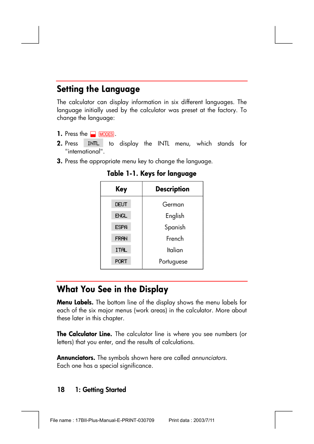 HP 17bII manual Setting the Language, What You See in the Display, Keys for language Key Description, 18 1 Getting Started 