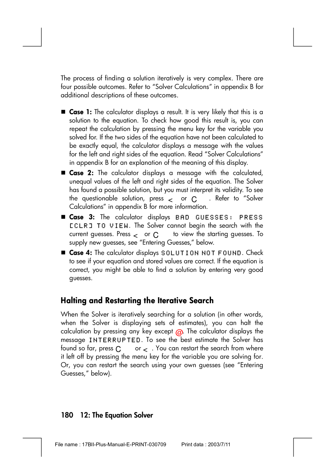 HP 17bII manual Halting and Restarting the Iterative Search, 180 12 The Equation Solver 