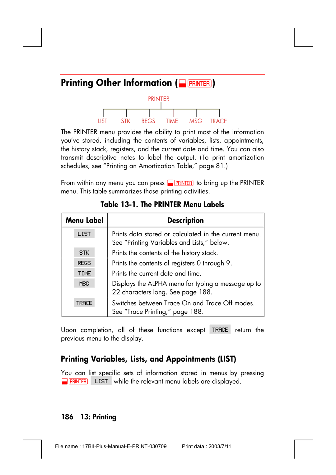 HP 17bII manual Printing Other Information @p, Printing Variables, Lists, and Appointments List, Printer Menu Labels 