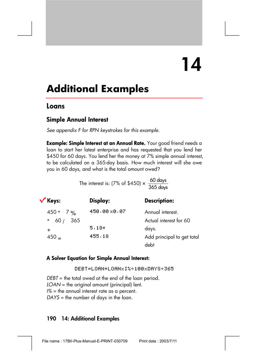 HP 17bII manual Loans, 190 14 Additional Examples, Solver Equation for Simple Annual Interest 