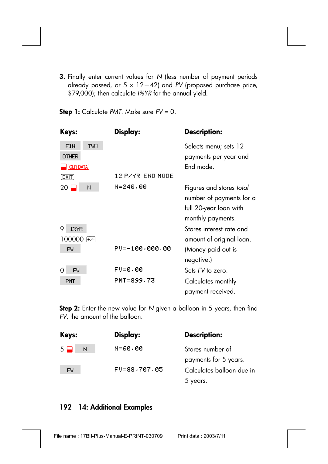 HP 17bII manual 192 14 Additional Examples, Figures and stores total 