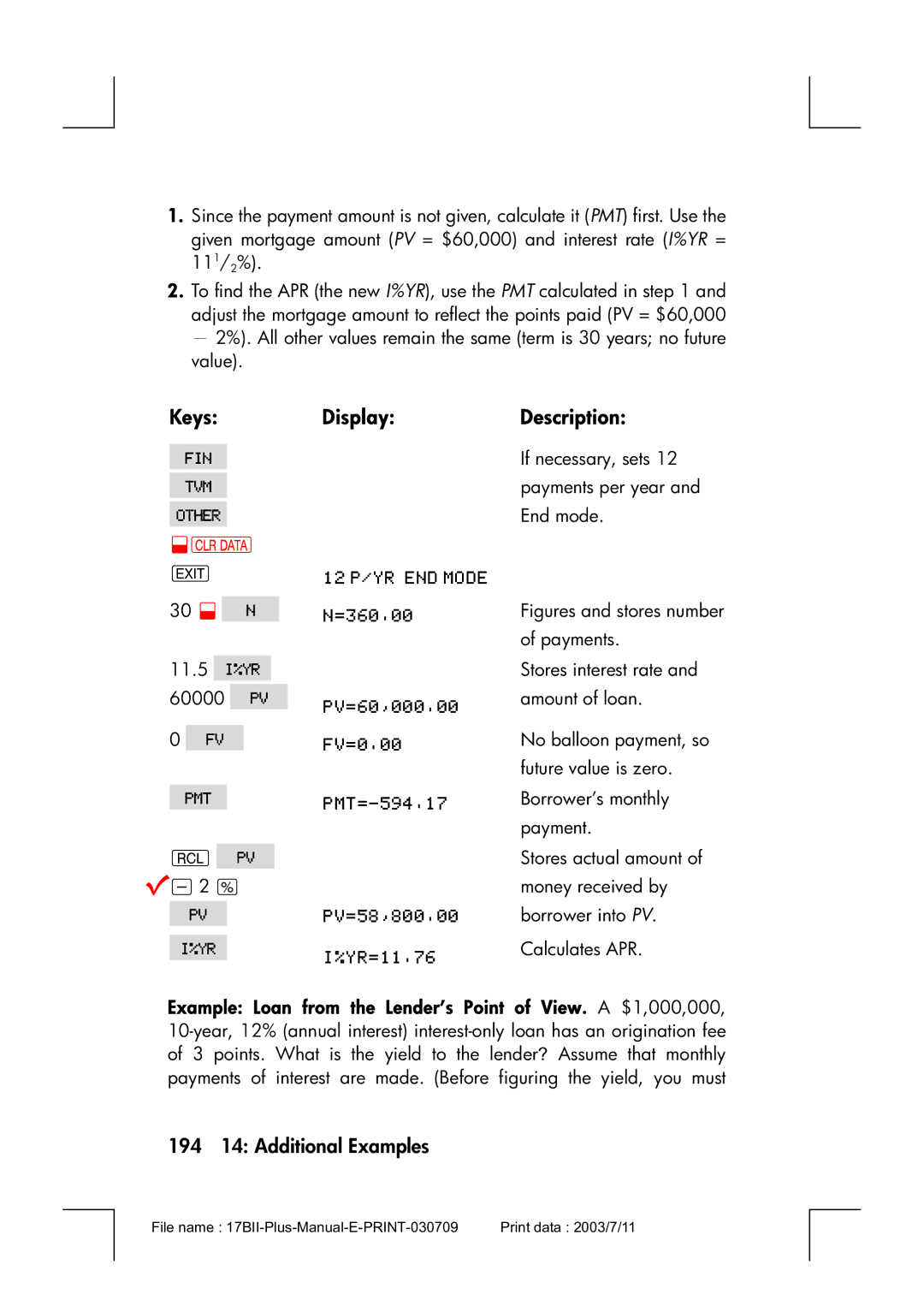 HP 17bII manual KeysDisplay, 194 14 Additional Examples 