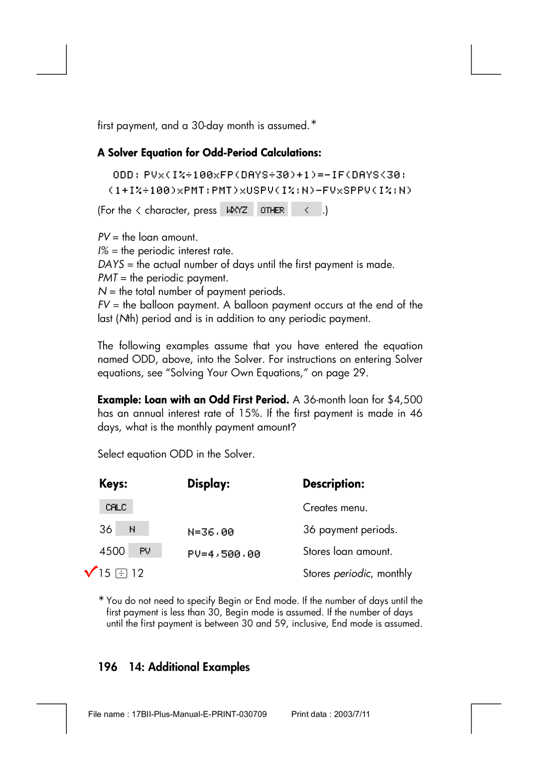 HP 17bII manual 196 14 Additional Examples, Solver Equation for Odd-Period Calculations 