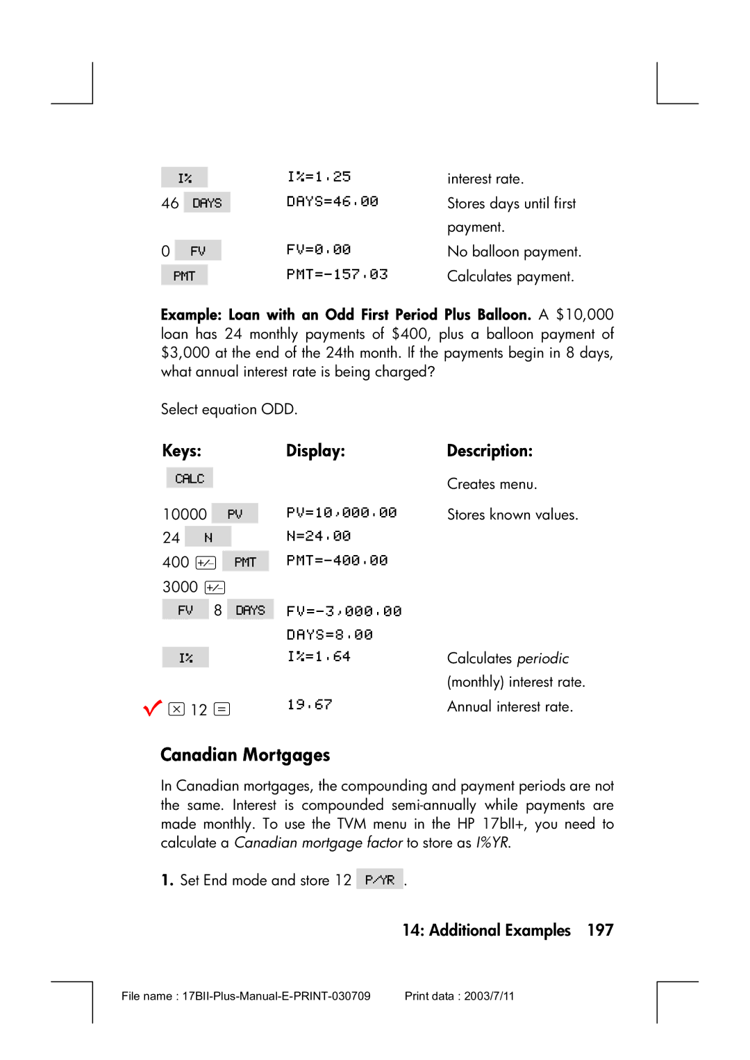 HP 17bII manual Canadian Mortgages 