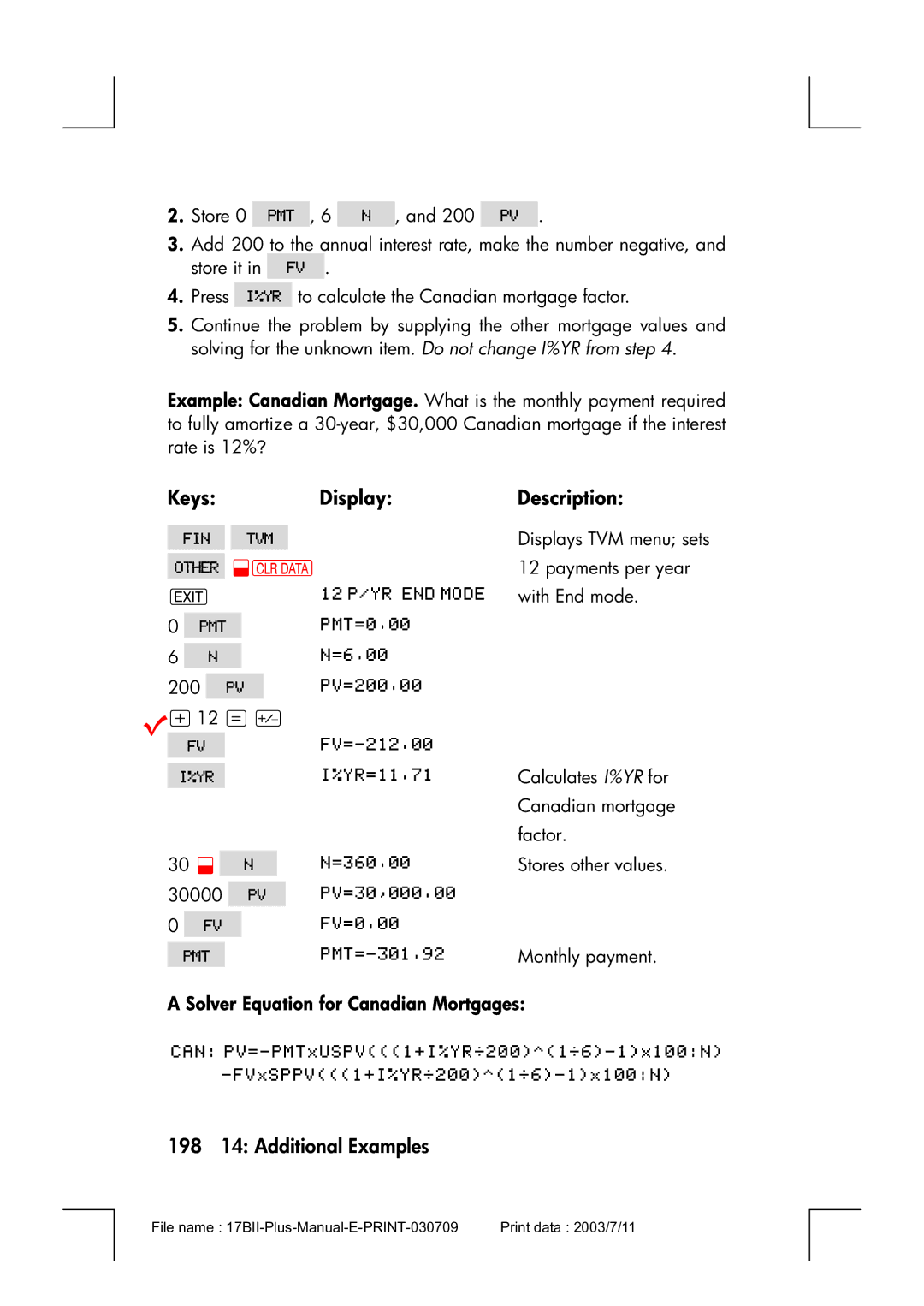 HP 17bII manual 198 14 Additional Examples, Solver Equation for Canadian Mortgages 