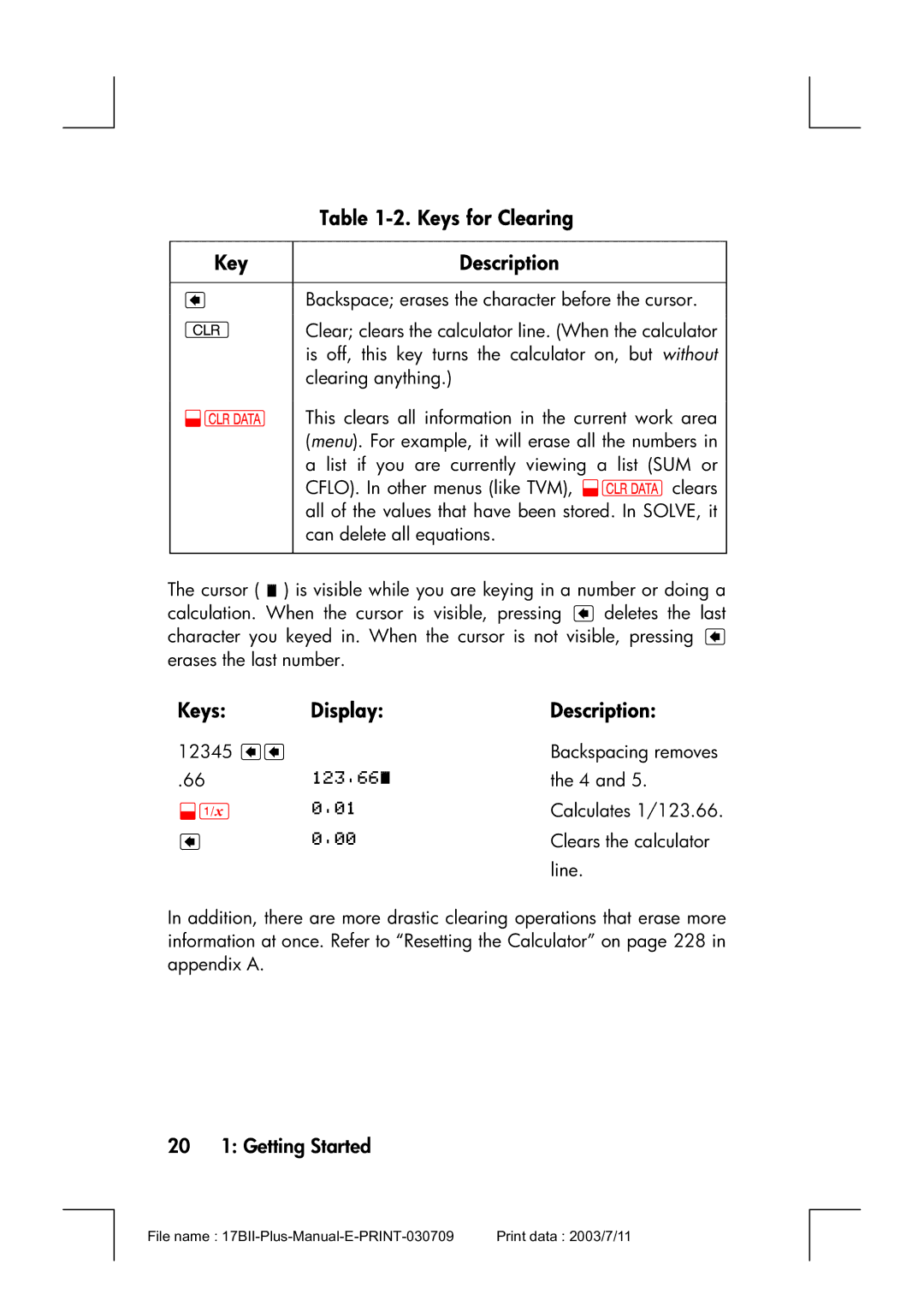 HP 17bII manual Keys for Clearing, Keys Display Description, 20 1 Getting Started 