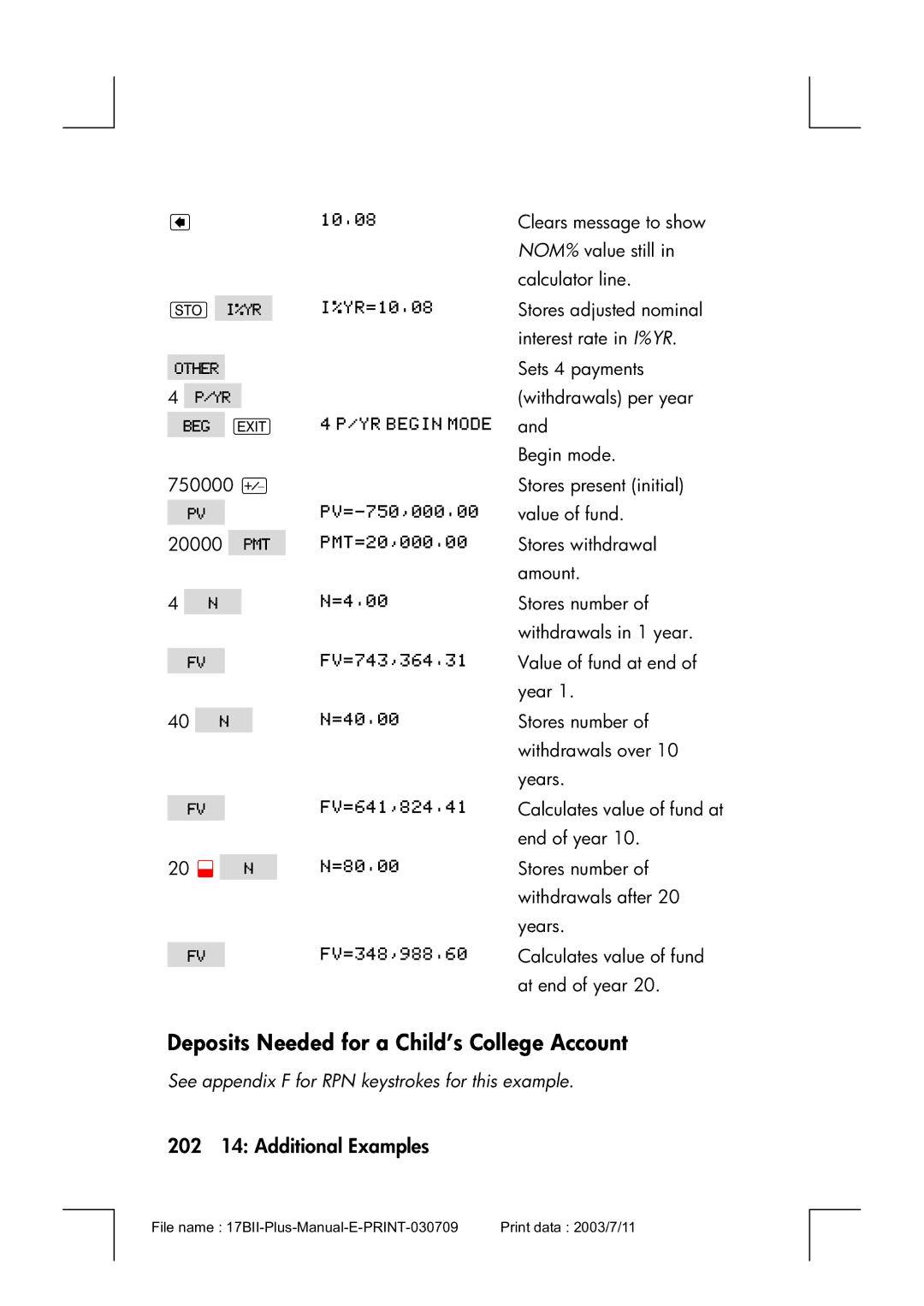 HP 17bII manual Deposits Needed for a Child’s College Account, 202 14 Additional Examples 