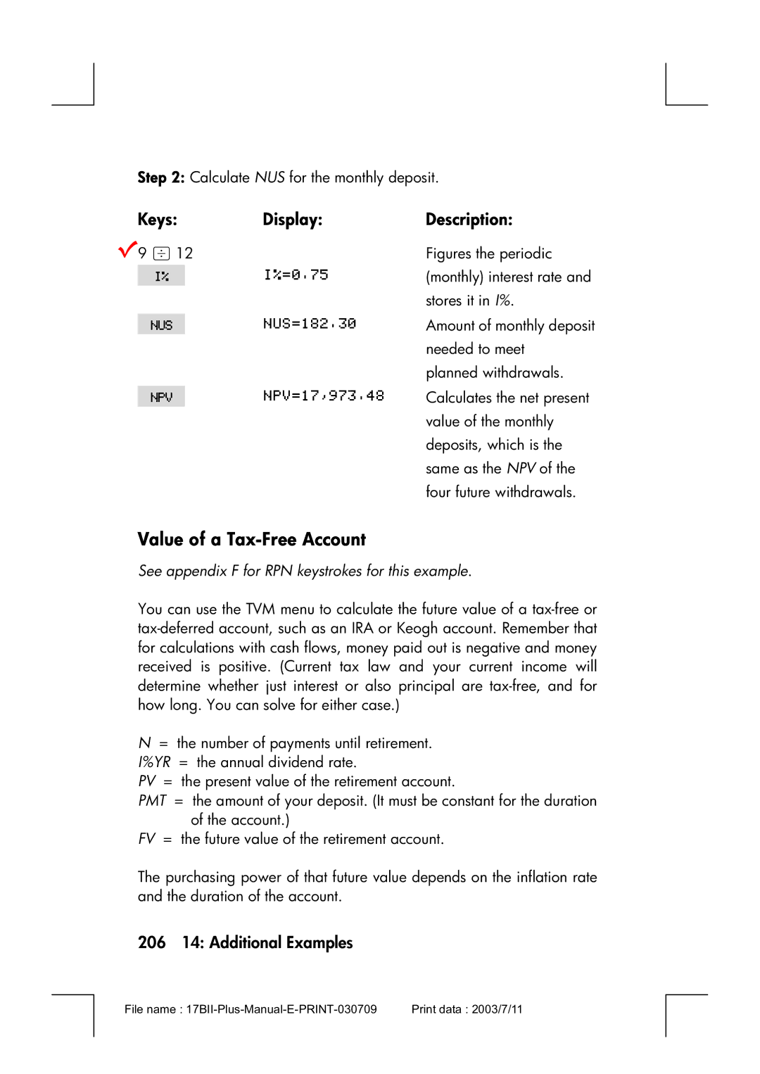 HP 17bII manual Value of a Tax-Free Account, 206 14 Additional Examples 