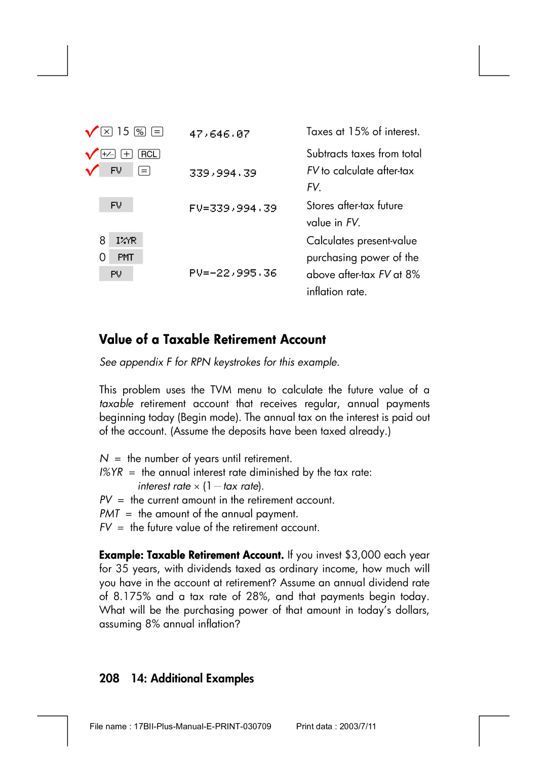 HP 17bII manual Value of a Taxable Retirement Account, 208 14 Additional Examples 