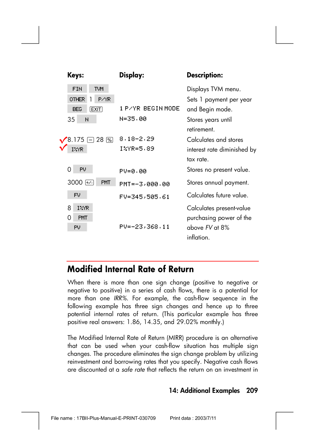 HP 17bII manual Modified Internal Rate of Return, Keys Display Description 