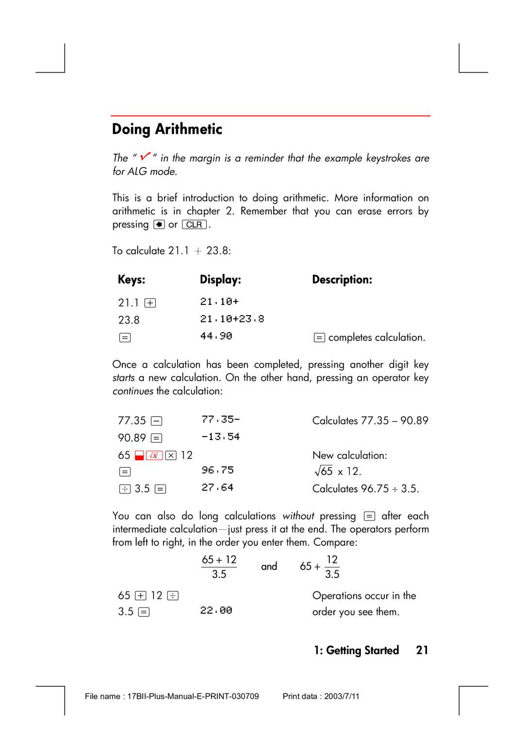 HP 17bII manual Doing Arithmetic, KeysDisplayDescription 