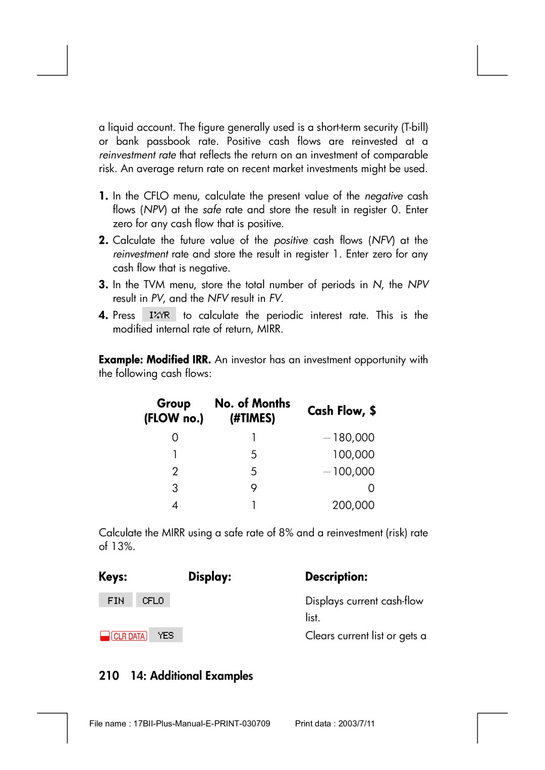 HP 17bII manual 210 14 Additional Examples, Group No. of Months Cash Flow, $ Flow no 