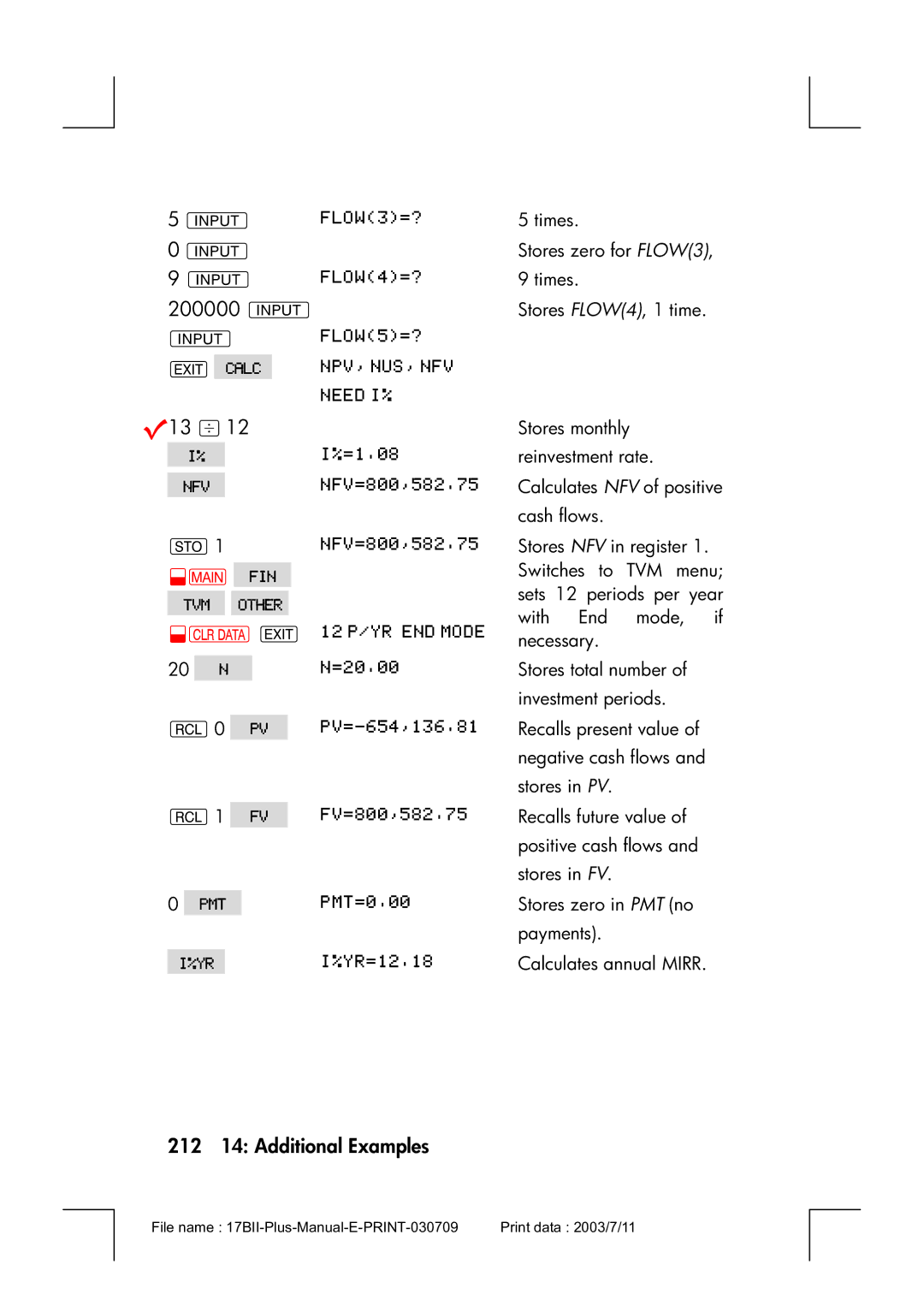 HP 17bII manual 200000, V13 /12, 212 14 Additional Examples 