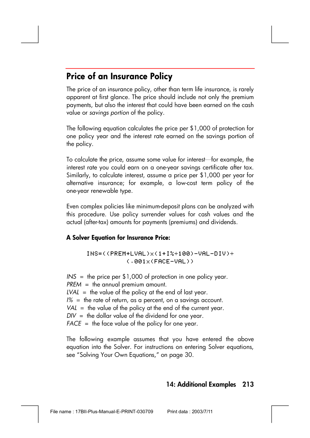 HP 17bII manual Price of an Insurance Policy, Solver Equation for Insurance Price 