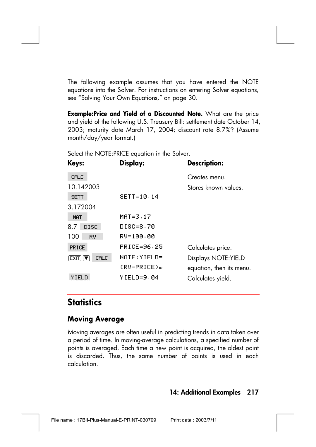 HP 17bII manual Statistics, Moving Average 