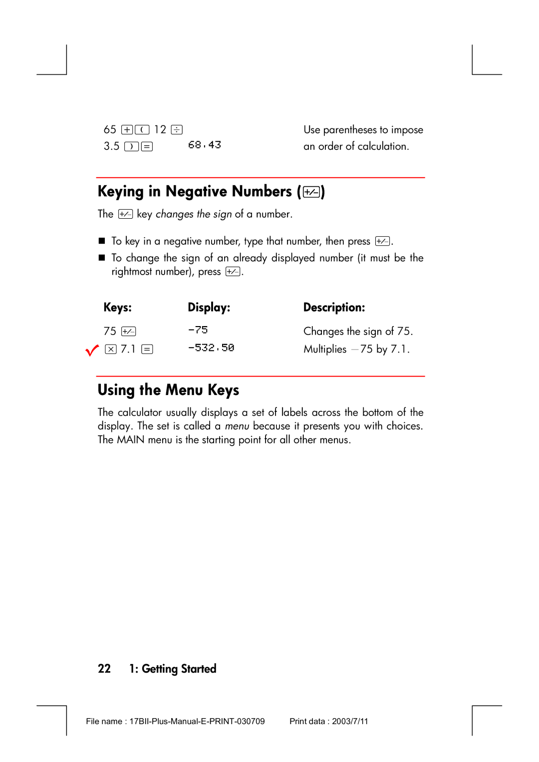 HP 17bII manual Keying in Negative Numbers, Using the Menu Keys, 22 1 Getting Started 