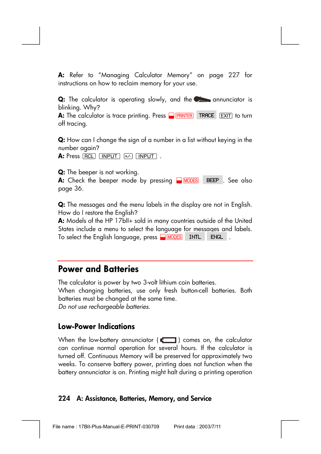 HP 17bII manual Power and Batteries, Low-Power Indications, Do not use rechargeable batteries 