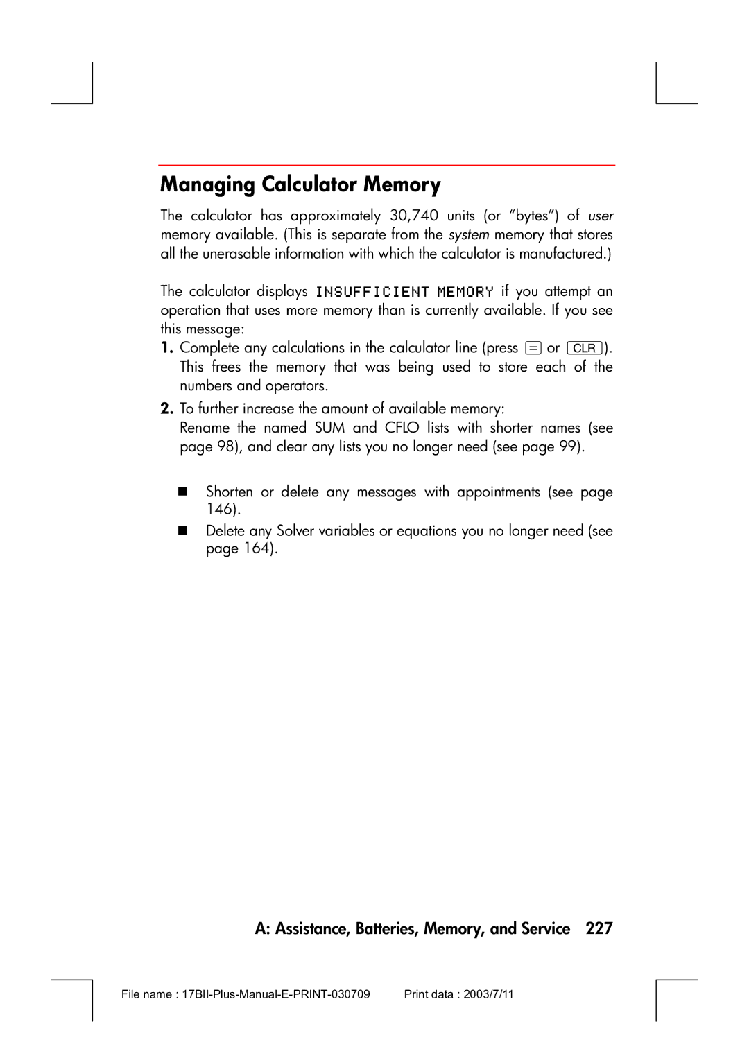 HP 17bII manual Managing Calculator Memory 