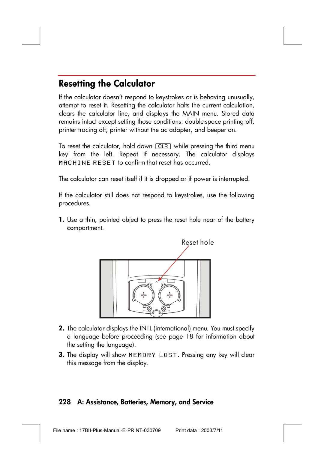 HP 17bII manual Resetting the Calculator, Reset hole 