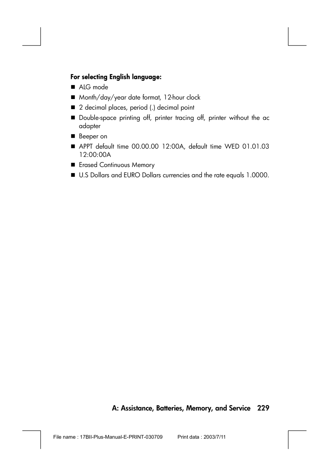 HP 17bII manual For selecting English language 