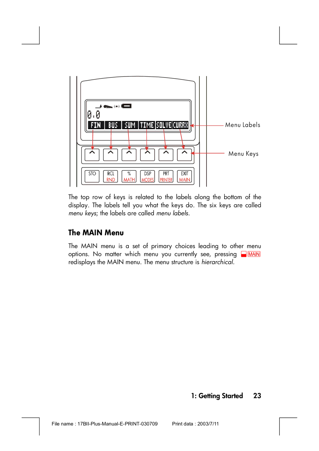 HP 17bII manual Main Menu, Menu Labels Menu Keys 