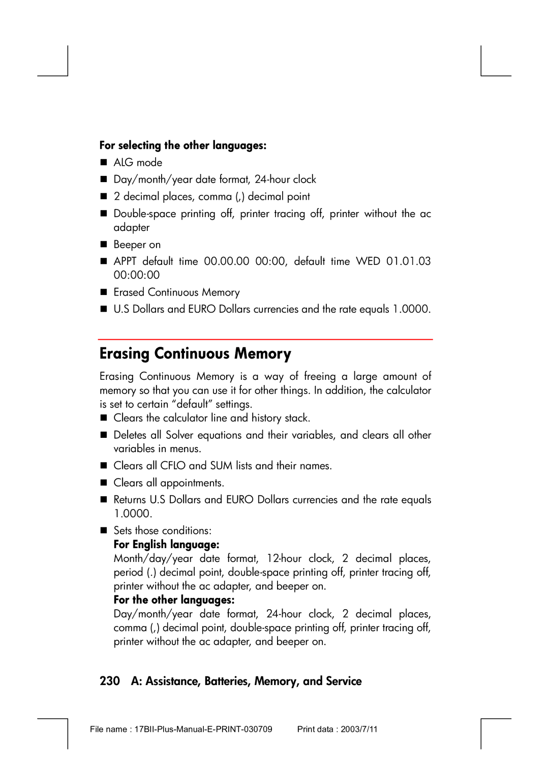 HP 17bII manual Erasing Continuous Memory, For selecting the other languages, For English language, For the other languages 