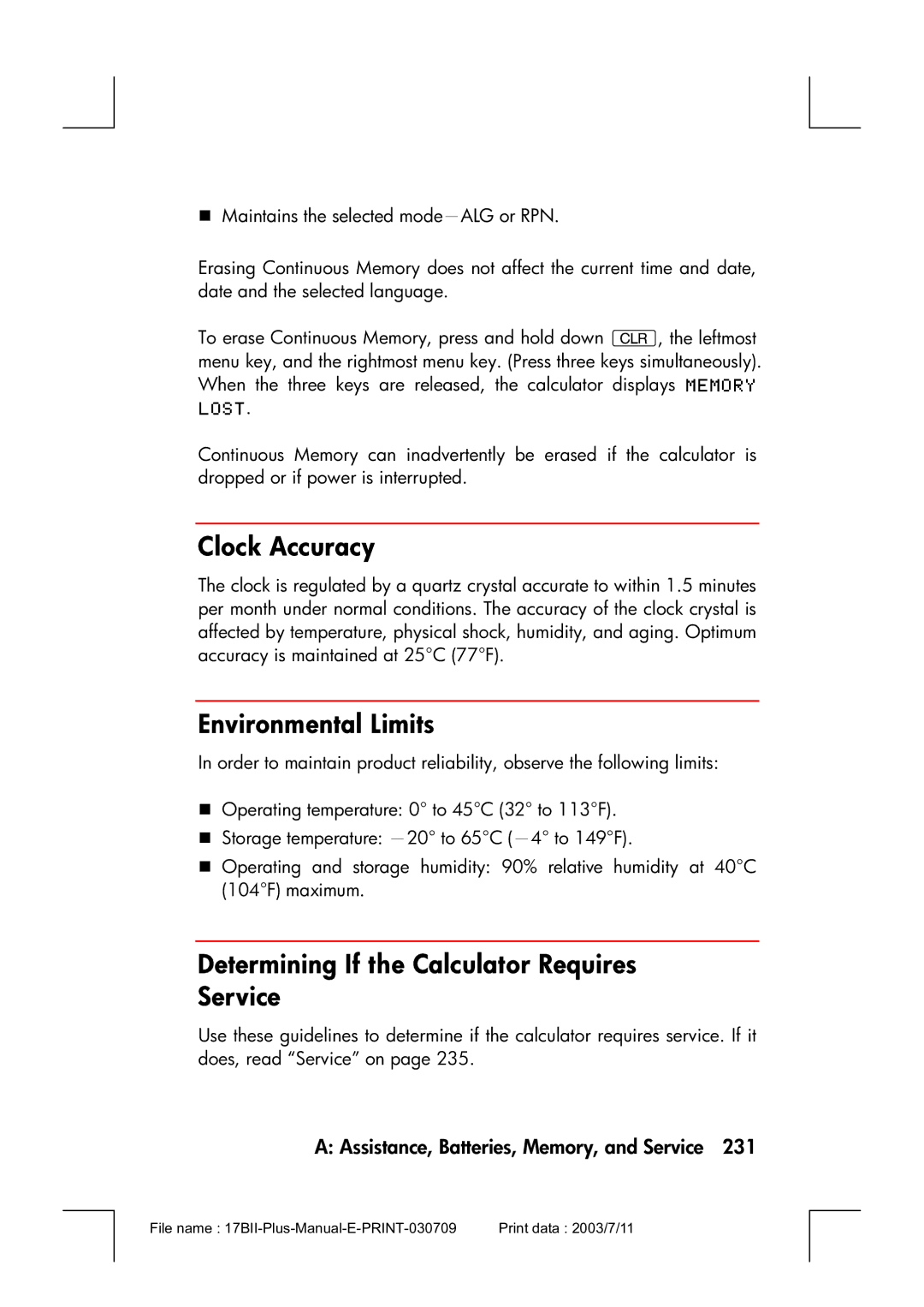 HP 17bII manual Clock Accuracy, Environmental Limits, Determining If the Calculator Requires Service 