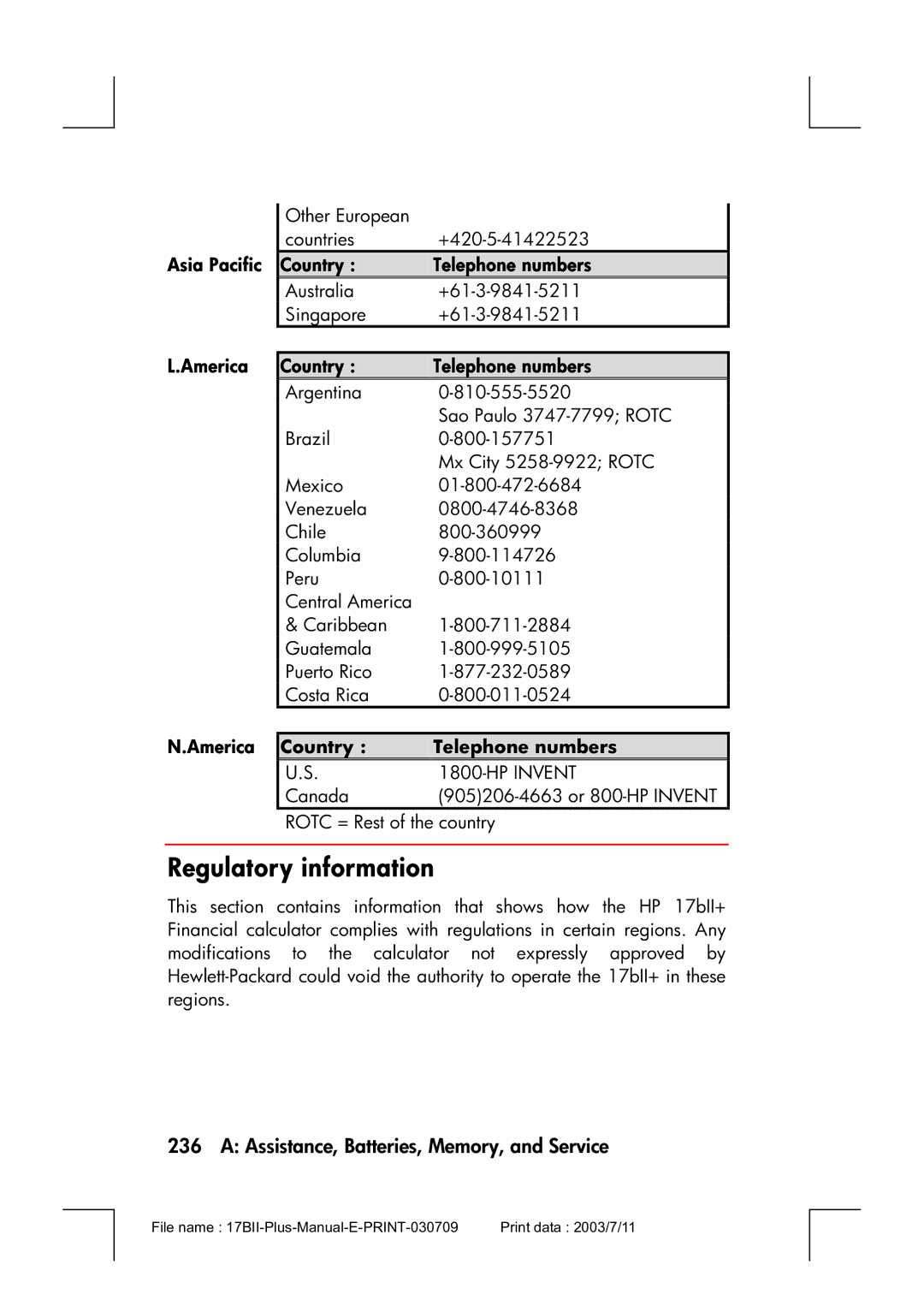 HP 17bII manual Regulatory information, Asia Pacific Country Telephone numbers, America Country Telephone numbers 