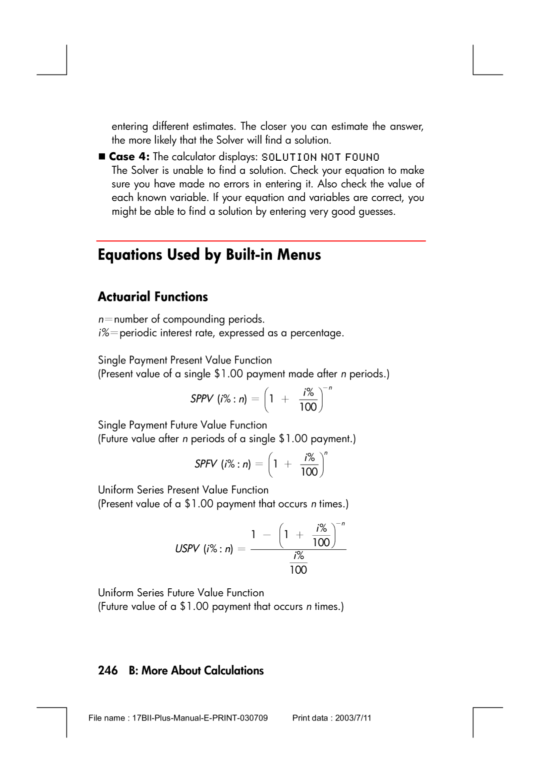 HP 17bII manual Equations Used by Built-in Menus, Actuarial Functions,  － n, 100  