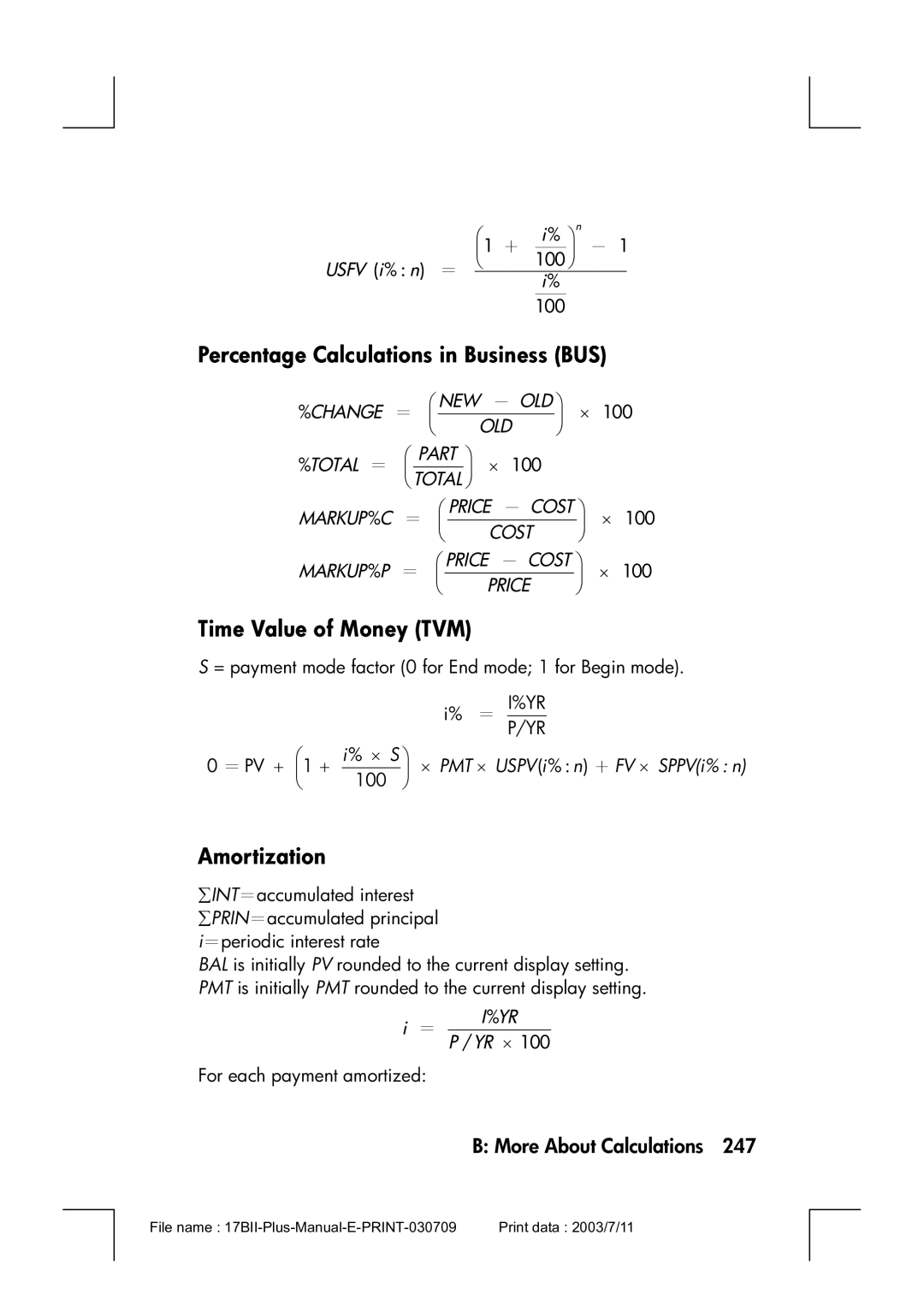 HP 17bII manual Percentage Calculations in Business BUS, Time Value of Money TVM, Amortization 