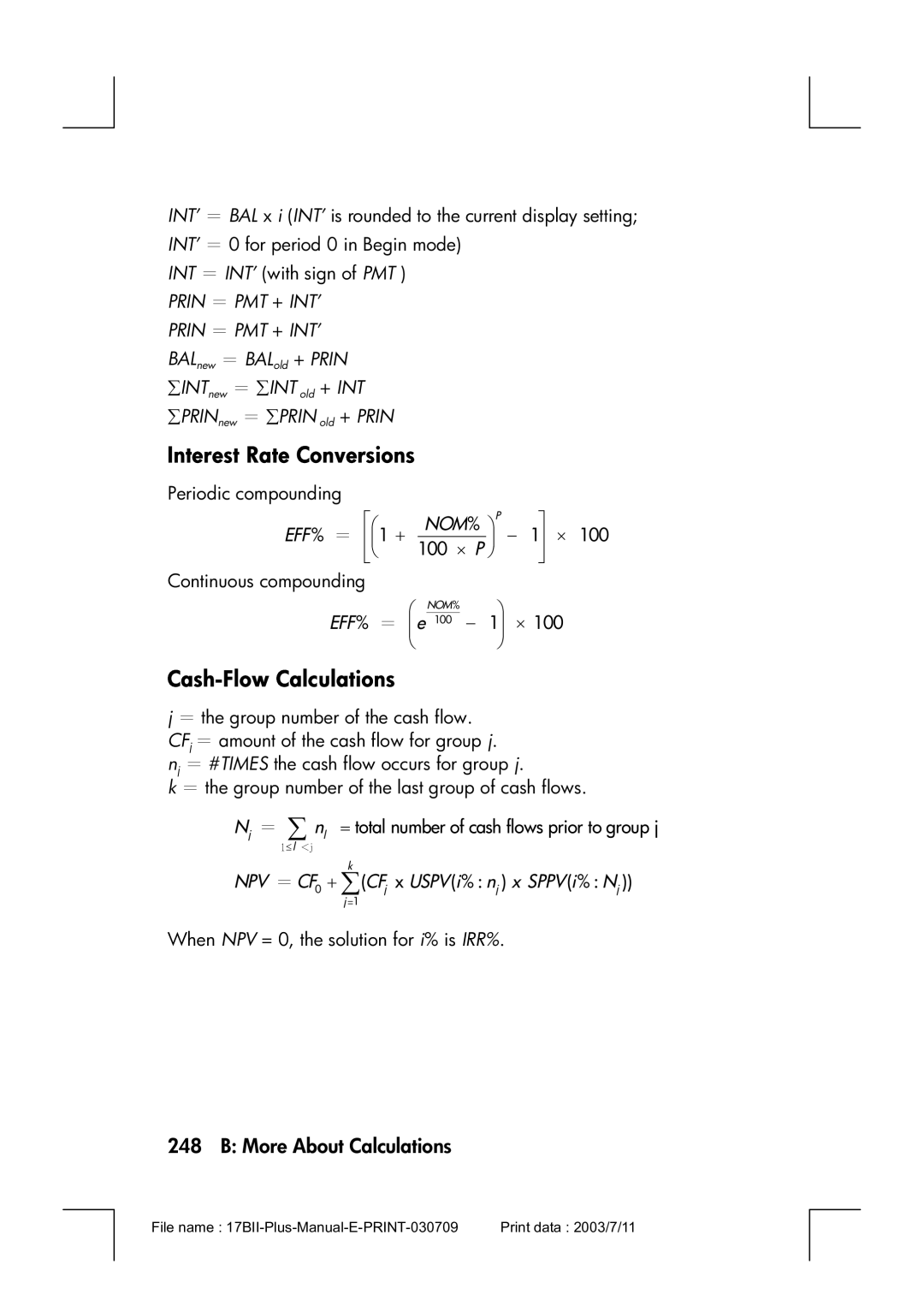 HP 17bII manual Interest Rate Conversions, Cash-Flow Calculations, Nom %  P, NPV ＝ CF0 + ∑CFj x Uspv i% nj x Sppv i% Nj 