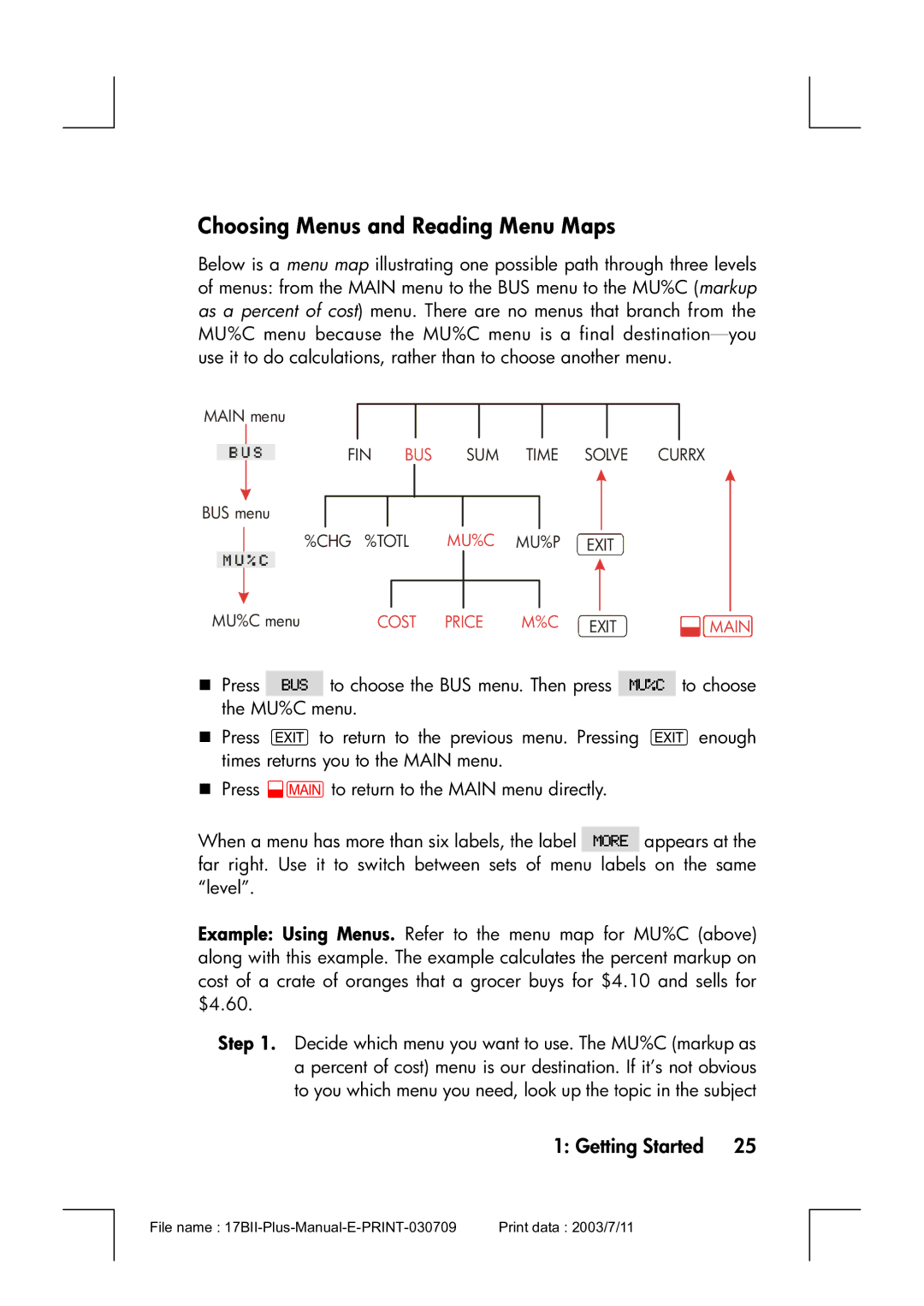 HP 17bII manual Choosing Menus and Reading Menu Maps 