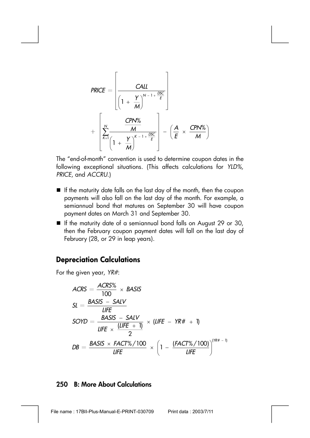 HP 17bII manual Depreciation Calculations, DB ＝ Basis × Fact % /100 