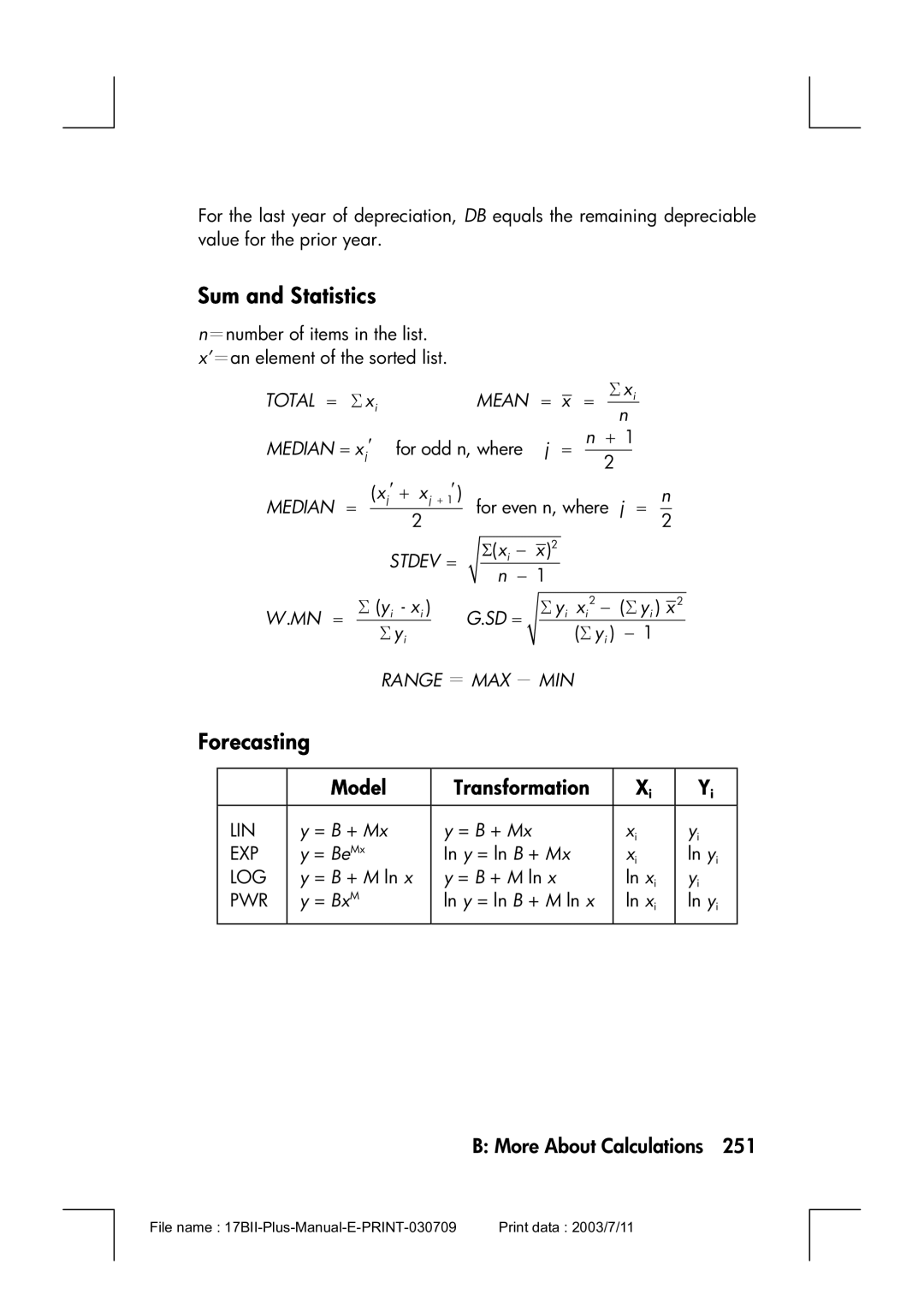 HP 17bII manual Sum and Statistics, Forecasting, Model Transformation 