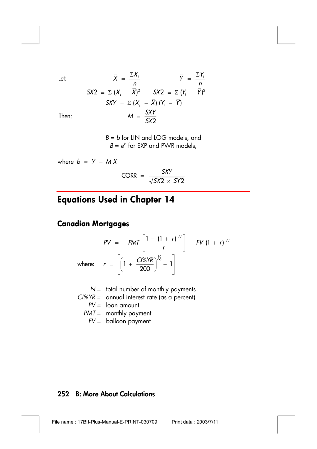 HP 17bII manual Equations Used in Chapter, Sxy = Σ, SX 2 × SY, Pv = − Pmt 