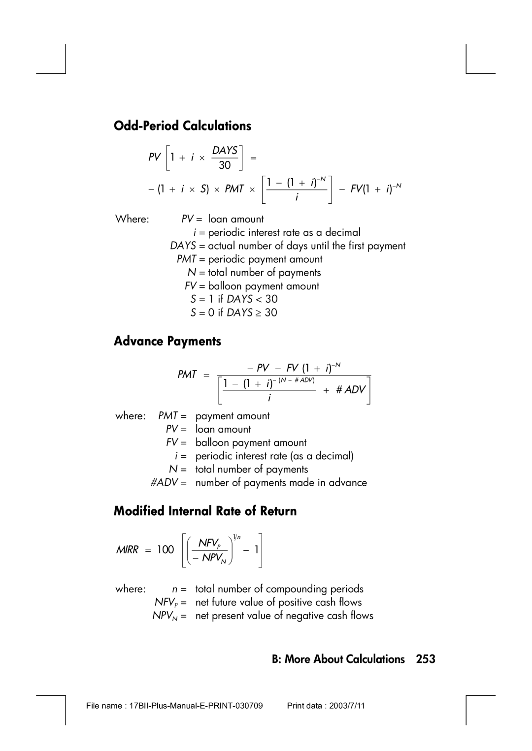 HP 17bII manual Odd-Period Calculations, Advance Payments, Modified Internal Rate of Return 