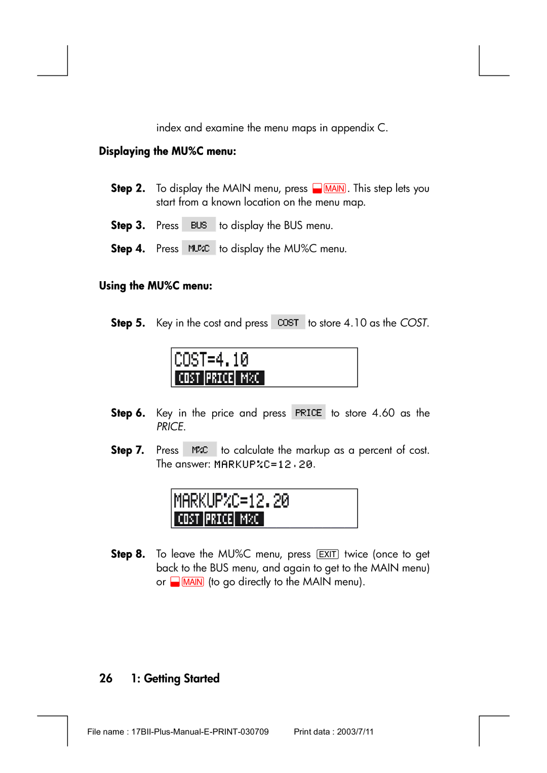 HP 17bII manual 26 1 Getting Started, Displaying the MU%C menu, Using the MU%C menu 