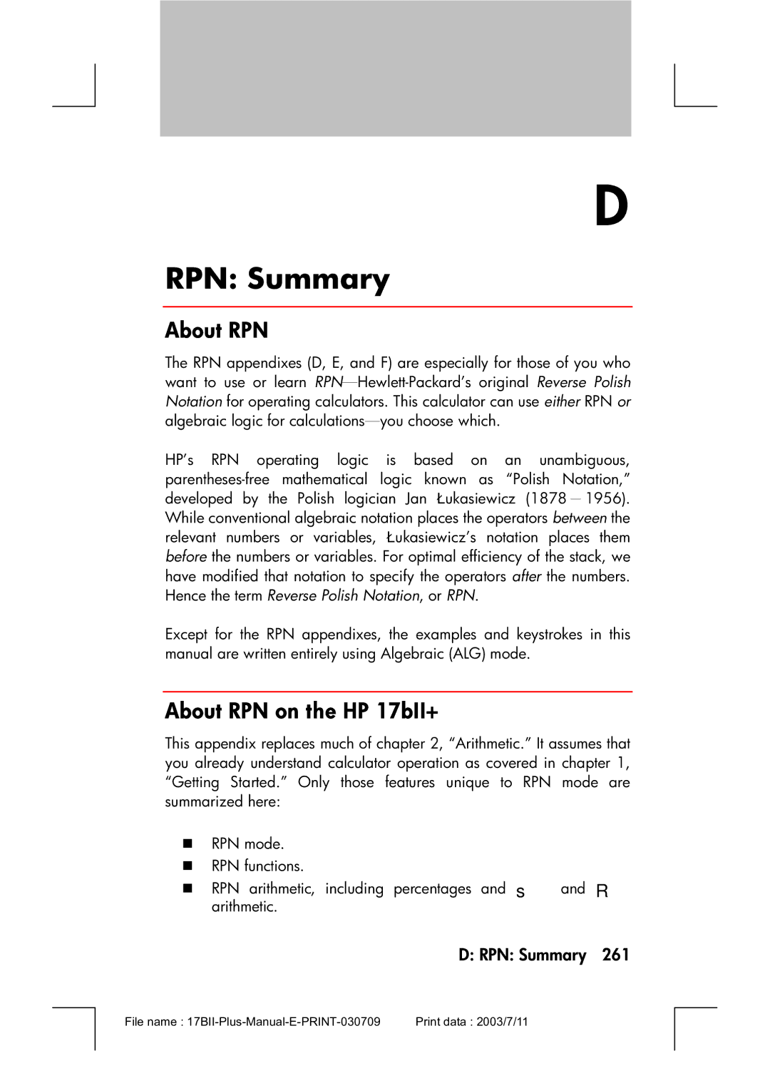 HP manual RPN Summary, About RPN on the HP 17bII+ 