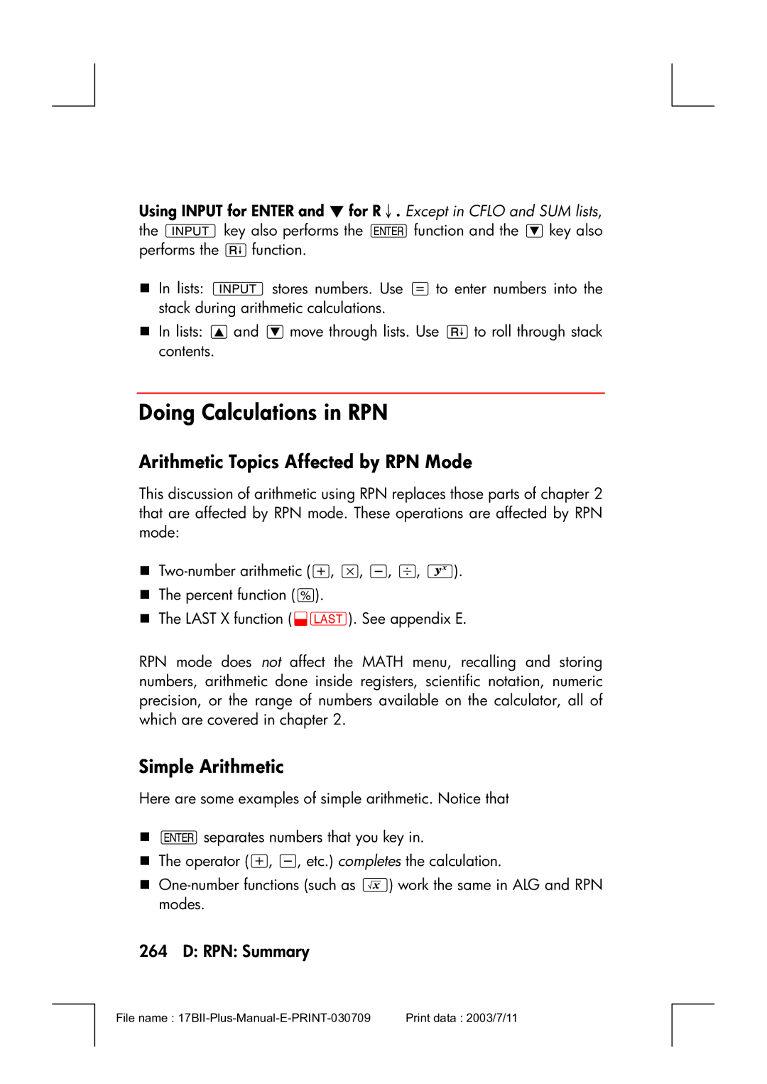 HP 17bII manual Doing Calculations in RPN, Arithmetic Topics Affected by RPN Mode, Simple Arithmetic 