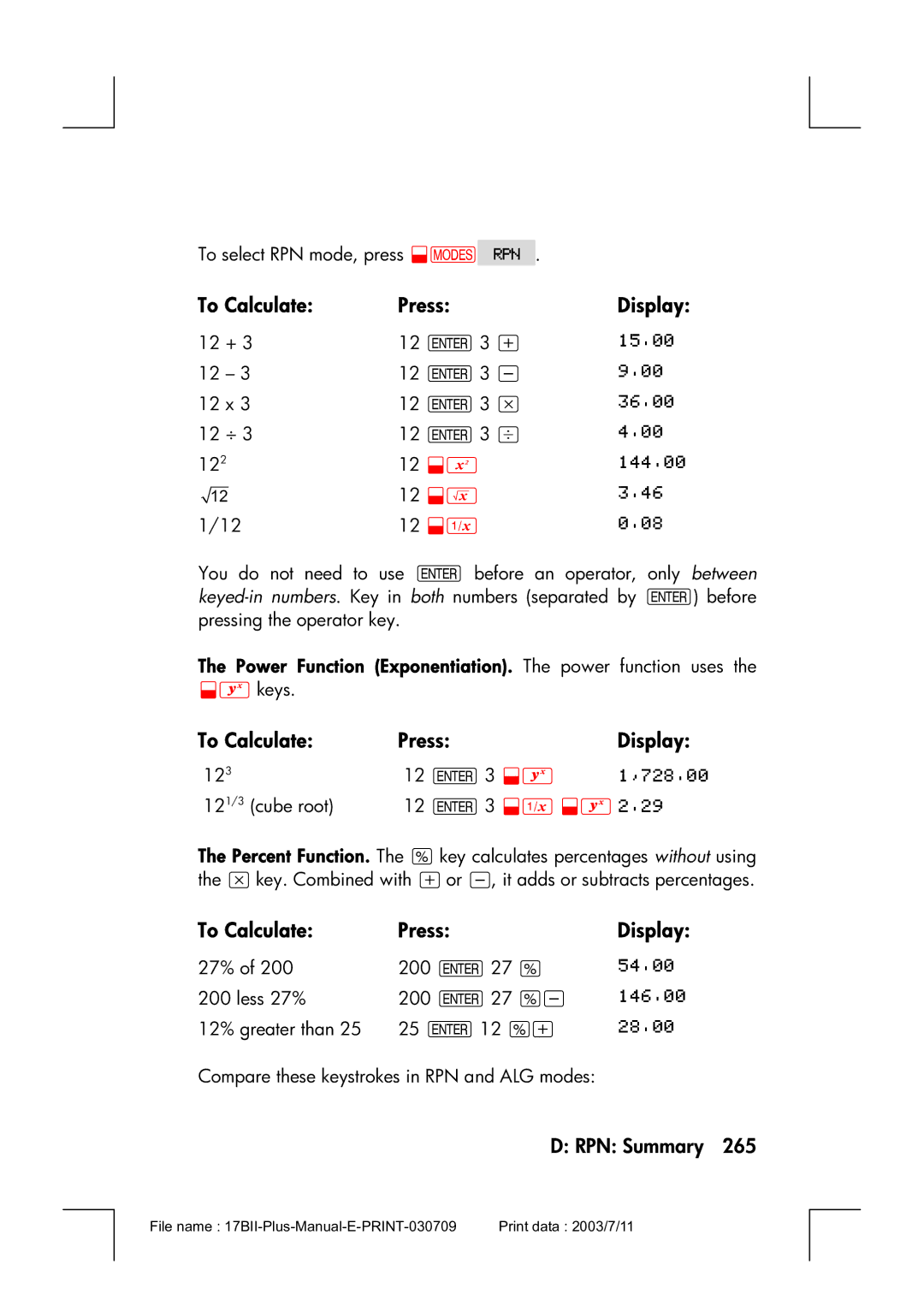 HP 17bII manual 27 %, To Calculate Press Display 